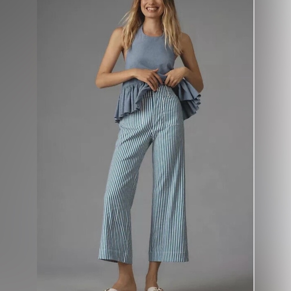 Anthropologie Maeve The Colette Navy and White cropped linen blend Pants NWT